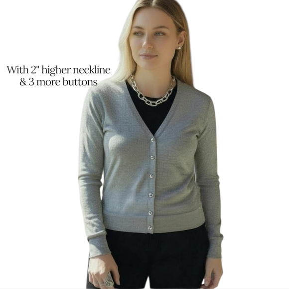 BR Silk Cotton Heather Grey Classic Cardigan Silver Buttons Large Petite - Picture 8 of 8
